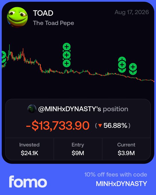 A Fomo trading app screenshot shows @MINHxDYNASTY's position in TOAD (The Toad Pepe) down -$13,733.90 (-56.88%) on August 17, 2026, with an entry market cap of $9M now at $3.9M, visually reflecting the user's frustration about the brutal selloff and significant losses on this challenge wallet.