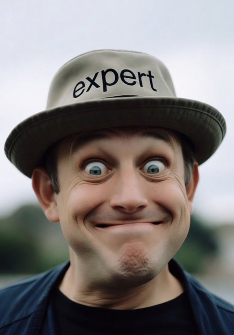 A close-up portrait of a man with exaggerated wide eyes, a strained smile, and a small goatee, wearing a grey bucket hat with the word 'expert' embroidered on it.