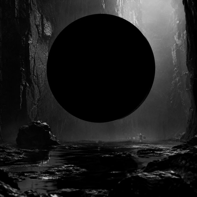 A black-and-white image of a dark rocky cave or gorge with a large, solid black circle floating in the center.