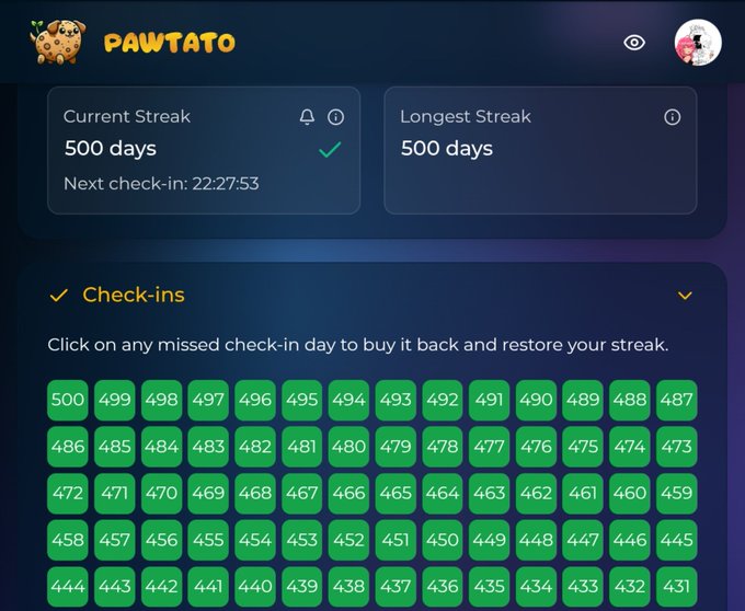 A screenshot of the PAWTATO app shows a 500-day current and longest streak check-in page, displaying a grid of numbered green buttons from 444 to 500 for buying back missed days.