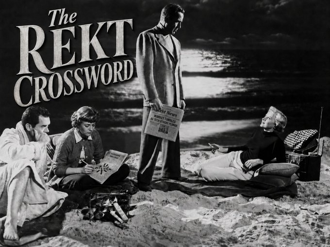 A black-and-white beach scene showing four people with newspapers and a radio, overlaid with "The REKT CROSSWORD" title. The image parodies classic crossword puzzle imagery while referencing the "7 down" clue about a North Korean dev shop, evoking themes of cryptic puzzles and obscure knowledge.