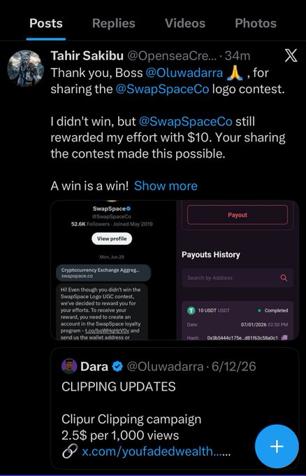 A Twitter/X screenshot showing Tahir Sakibu (@OpenseaCreative) thanking @Oluwadarra and @SwapSpaceCo for a $10 USDT payout after a logo contest, with a Payouts History visible.
