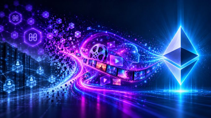 A vibrant digital art piece featuring the Ethereum logo on the right, with a flowing stream of film reels, video play icons, and hexagonal user icons traveling through a glowing purple and blue data tunnel.
