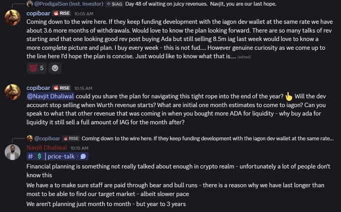 A Discord screenshot shows a heated exchange between an investor named ProdigalSon and the IAG project lead copibar, with the investor (username @NaVi_GaT0R) pressing for financial transparency—including why dev wallet IAG is being sold, who the "other revenue" buyer is for the 8.5M ADA purchase, and what the plan is for navigating the project through year-end. Copibar/Navjit deflects the questions, saying "transfers aren't sales" and "can't share" details yet, while admitting financial planning isn't well-discussed in crypto and they plan over 3-year horizons rather than monthly—justifying the opaque dev wallet withdrawals as necessary for staff payroll.