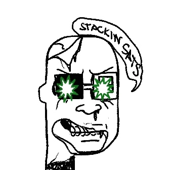 A black and white cartoon drawing of a bald man's face with an exaggerated, grimacing expression, wearing sunglasses with bright green starbursts reflected in the lenses. He has a headband that reads 'STACKIN SATOSHI'.