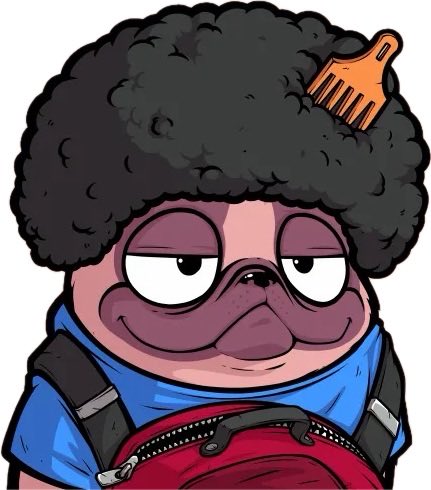 A cartoon illustration of a character with a large dark afro and a comb stuck in their hair, wearing a blue shirt and carrying a red backpack.