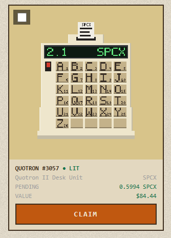 A pixel-art style NFT display for 'QUOTRON #3057' showing a Quotron II Desk Unit with 21 SPCX tokens pending and a claim value of $84.44.