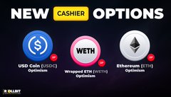 A promotional graphic displays 'NEW CASHIER OPTIONS' featuring USD Coin (USDC), Wrapped ETH (WETH), and Ethereum (ETH) as Optimism options from an In-game Wallet.