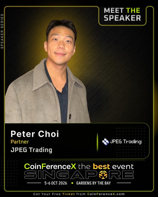 The image is a "Meet the Speaker" promotional graphic featuring Peter Choi, Partner at JPEG Trading, smiling against a yellow-toned background. It promotes his appearance at CoinFerenceX Singapore, taking place October 5-6, 2026, at Gardens by the Bay.