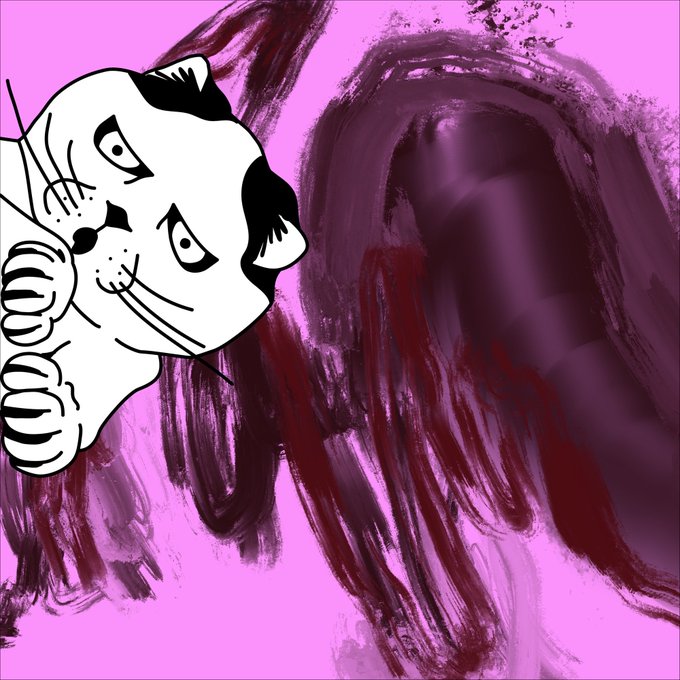 An artistic image featuring a black and white illustration of a cat making a hand gesture against a pink background with dark purple and red painted brushstrokes.