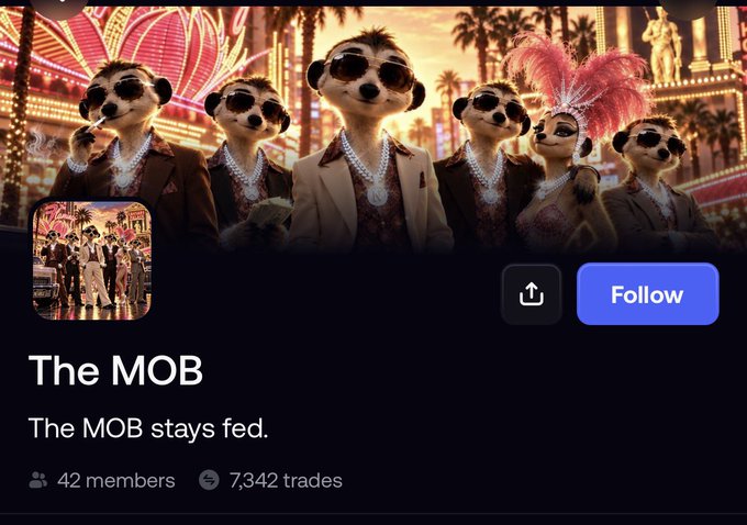 A webpage header for "The MOB" featuring AI-generated meerkats dressed in flashy outfits with sunglasses and jewelry, noting 42 members and 7,342 trades.
