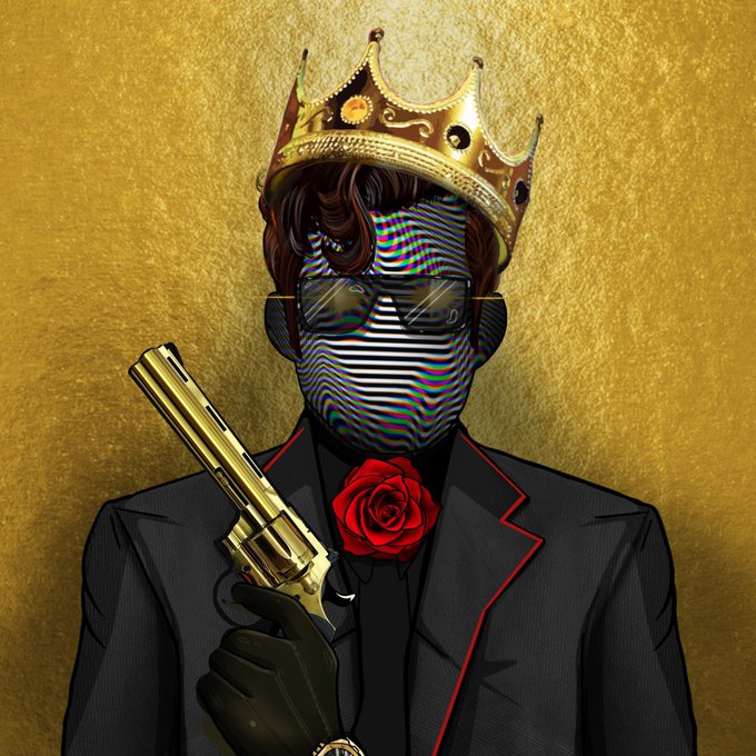 A stylized illustration depicts a figure wearing a golden crown and black suit with red trim, a red rose lapel pin, holding a golden revolver, with their face obscured by a black-and-white striped static glitch effect against a gold background.