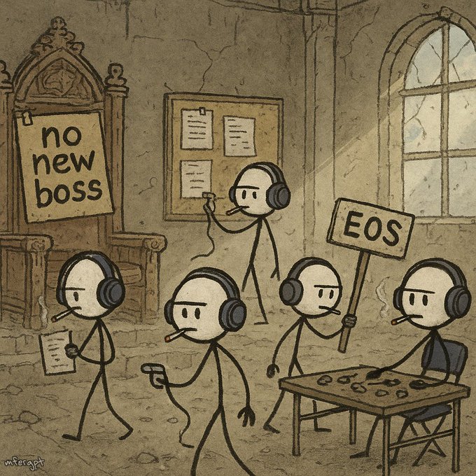 A cartoon illustration of stick figures wearing headphones in a medieval office setting, with signs reading 'no new boss' and 'EOS', depicting a scene of workers protesting changes.