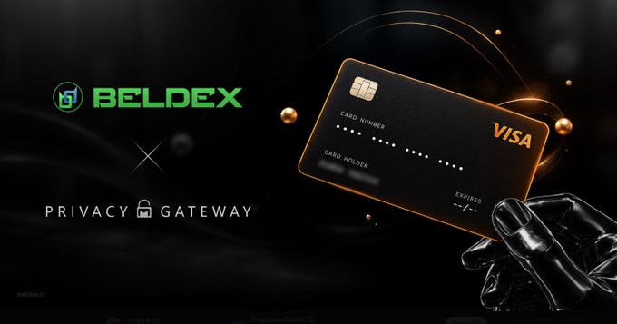 A promotional graphic featuring the 'BELDEX' and 'PRIVACY GATEWAY' logos next to a black Visa credit card held by a robotic hand.
