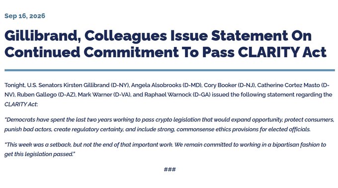 A press release dated Sep 16, 2026 titled 'Gillibrand, Colleagues Issue Statement On Continued Commitment To Pass CLARITY Act' regarding crypto legislation.