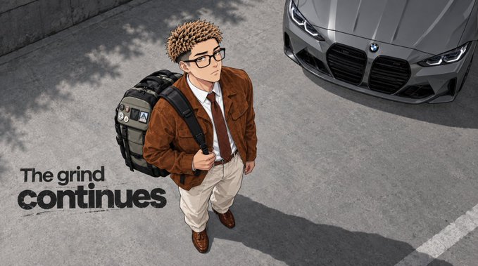 An animated illustration of a man wearing glasses, a brown jacket, and a backpack standing on a street near a BMW, with text reading 'The grind continues'.