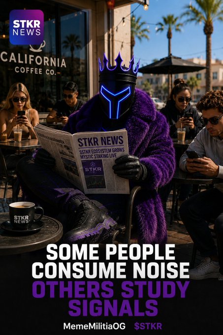 A stylized STKR News meme featuring a futuristic character with a blue neon visor and purple fur coat reading 'STKR NEWS' at an outdoor California Coffee Co. cafe, with text reading 'SOME PEOPLE CONSUME NOISE OTHERS STUDY SIGNALS' by MemeMilitiaOG $STKR.