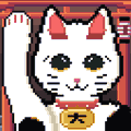 A pixel art image of a white Maneki-neko (Japanese lucky cat) waving its right paw, with a yellow coin featuring Chinese characters at its neck.