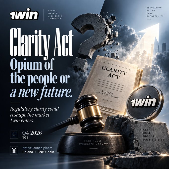 Promotional graphic for 1WIN about the Clarity Act, asking 'Opium of the people or a new future,' mentioning a Q4 2026 TGE and native launch plans for Solana + BNB Chain.