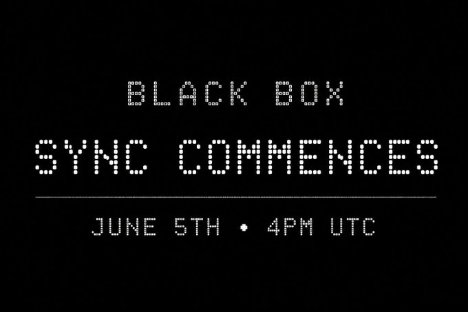 The image shows a black background with white text that reads "BLACK BOX SYNC COMMENCES JUNE 5TH 4PM UCT". The text is arranged in a blocky font, which gives it a retro or vintage appearance. This design choice suggests that the content of the image might be related to an event or gathering involving the use of the black box and its associated software.