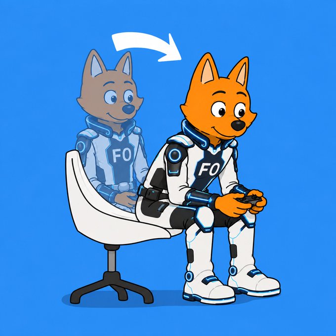 Illustration on a blue background showing a cartoon fox character in a white and black spacesuit labeled 'FO' holding a game controller, with a transparent/translucent ghost-like figure of the same fox on a chair behind it and an arrow pointing from ghost to fox.