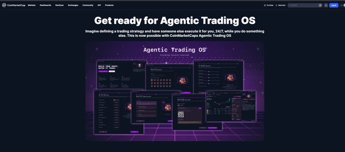 The CoinMarketCap homepage displays a banner reading 'Get ready for Agentic Trading OS' with multiple preview screens of the platform.