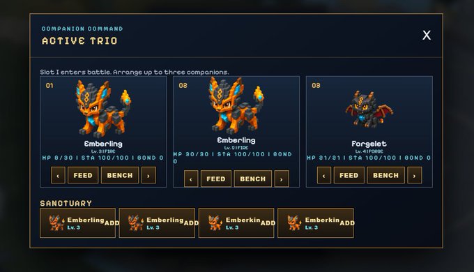 A game UI panel titled 'COMPANION COMMAND - ACTIVE TRIO' showing three companion slots with two Emberlings and one Fargelet (Lv. 3), each with stats HP and STA at 100/100, and a Sanctuary section listing additional Emberkin companions at Lv. 3.
