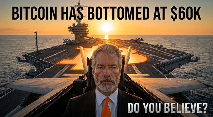 A clickbait-style thumbnail showing Michael Saylor in front of a fighter jet on an aircraft carrier at sunset, with bold text reading 'BITCOIN HAS BOTTOMED AT $60K' and 'DO YOU BELIEVE?'.