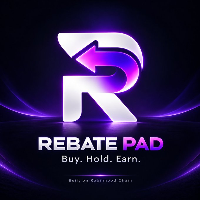 Logo and advertisement for 'REBATE PAD' with the tagline 'Buy. Hold. Earn.' and 'Built on Robinhood Chain', featuring a glowing purple and white 'R' design.