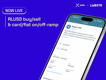 A promotional graphic showing 'NOW LIVE: RLUSD buy/sell & card/fiat on/off-ramp' on the XRPL and LUGSTR platforms, featuring a smartphone displaying the Ripple USD interface.