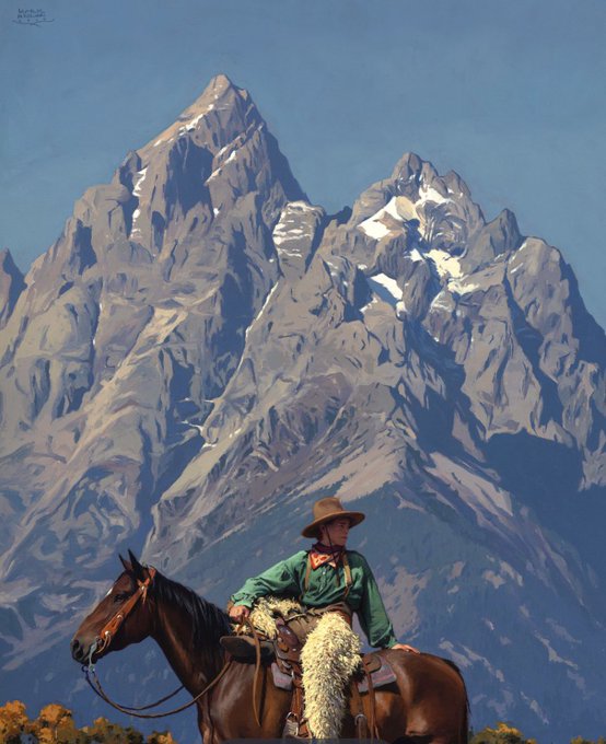 Western-style painting of a cowboy wearing a green shirt and brown hat riding a horse with a sheepskin saddle, set against a backdrop of massive snow-capped mountains.