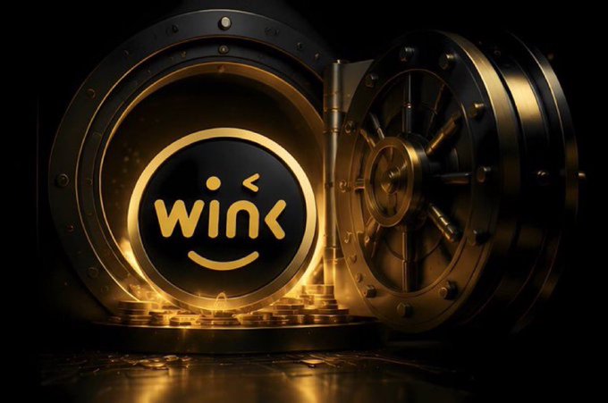 An open ornate golden vault reveals glowing gold coins surrounding a circular black emblem displaying a winking smiley face logo and the word 'wink' in gold lettering.