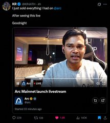 A tweet from '@Mrwhosetheboss - 4h' announcing 'I just said everything I had on @arc After seeing the live' with a livestream thumbnail showing 'Arc Mainnet launch livestream' by 'Arc'.