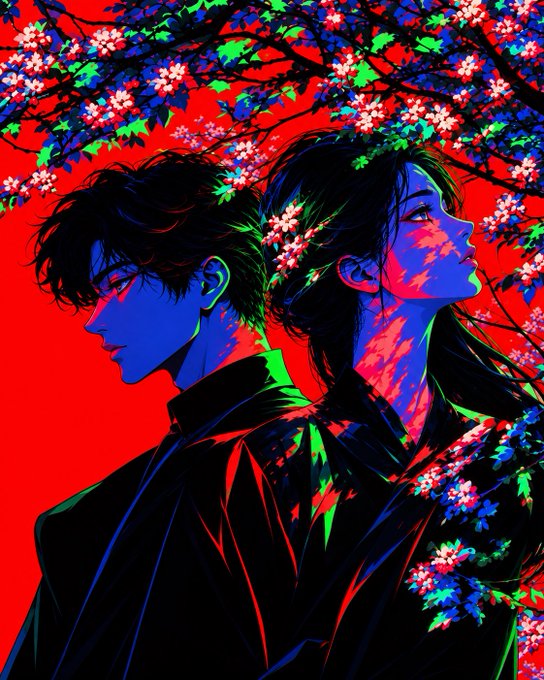 A vibrant anime-style illustration of two figures with blue-toned faces standing back-to-back among pink and green cherry blossoms against a bold red background.