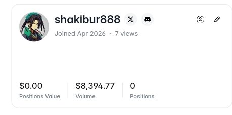 A social media or trading profile screenshot for 'shakibur888' showing 'Joined Apr 2026', '7 views', '$0.00 Positions Value', '$8,394.77 Volume', and '0 Positions'.