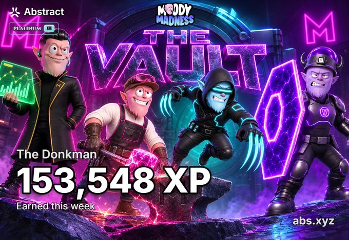 A "Moddy Madness" themed graphic shows user "The Donkman" earning "153,548 XP" for "Earned this week".