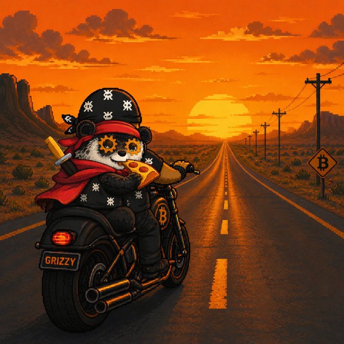 Digital art of a pixelated bear wearing sunglasses and a red bandana, riding a motorcycle down a desert highway at sunset, with a 'GRIZZY' license plate and Bitcoin logos visible.