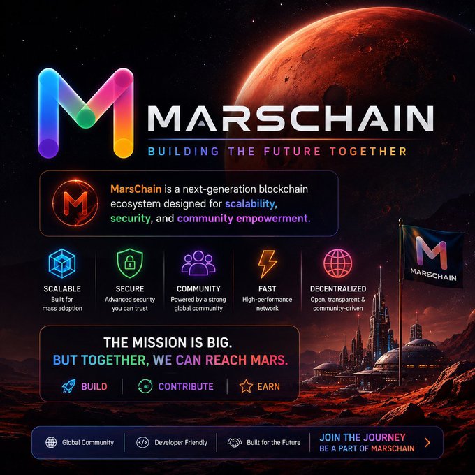 A promotional graphic for "MARSCHAIN" advertises it as a next-generation blockchain ecosystem with features including scalable, secure, community-powered, fast, and decentralized, set against a red Martian backdrop.