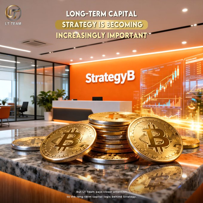 The image shows a modern office reception area branded "StrategyB" with golden Bitcoin coins stacked on a marble counter, alongside a digital trading chart displaying bullish market data, while text overhead reads "LONG-TERM CAPITAL STRATEGY IS BECOMING INCREASINGLY IMPORTANT," reinforcing the post's message about strategic Bitcoin reserve accumulation and sustainable long-term capital management.