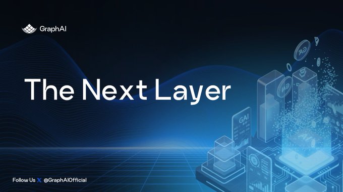 A promotional banner for GraphAI with the tagline 'The Next Layer' set against a dark blue background with futuristic 3D graphics, encouraging users to follow @GraphAIOfficial on X.