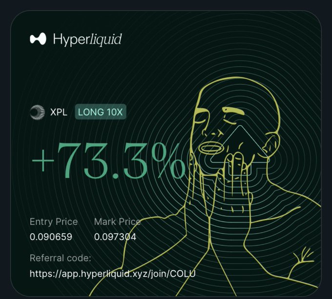 A Hyperliquid trading interface displays a XPL LONG 10X position with +73.3% profit, showing entry price 0.090659 and mark price 0.097304, with a referral code link 'https://app.hyperliquid.xyz/join/COLU' and a line-art illustration of a person on the right.