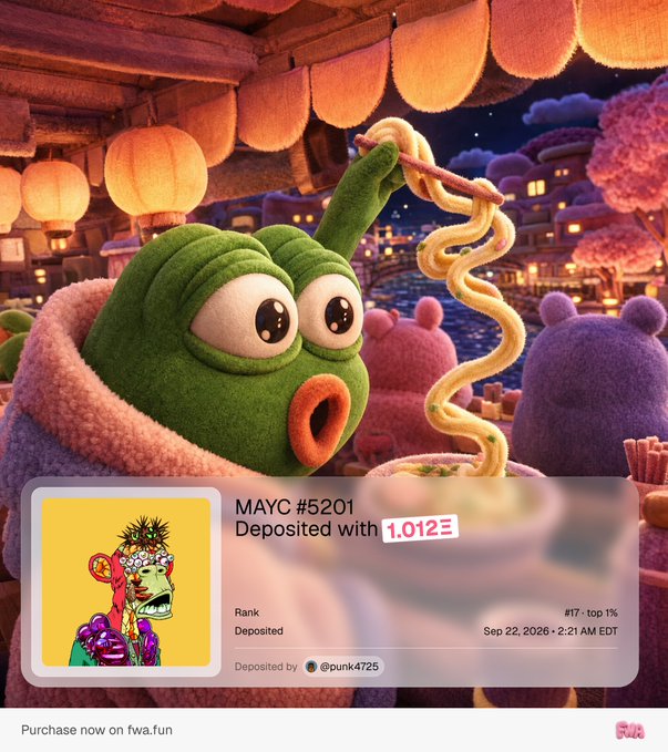 A 3D-rendered character eating noodles with an NFT information card overlay displaying 'MAYC #5201', 'Deposited with 1.012Ξ', 'Rank #17 - top 1%', and 'Sep 22, 2026 - 2:21 AM EDT'.