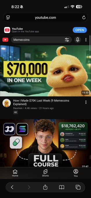 A YouTube mobile interface showing a video thumbnail titled 'How I Made $70K Last Week (9 Memecoins Explained)' by Daumen, followed by another thumbnail about a 'Full Course'.