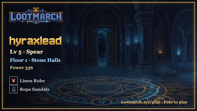 A character profile screen from "Lootmarch" showing a level 5 Spear user named "hyraxlead" on Floor 1 Stone Halls with power 336, wearing a Linen Robe and Rope Sandals.