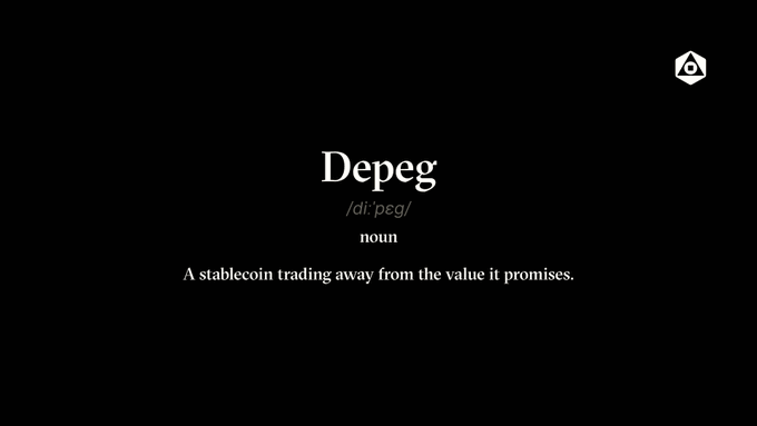 A dictionary-style definition on a black background reading 'Depeg /diːˈpɛɡ/ noun: A stablecoin trading away from the value it promises.'