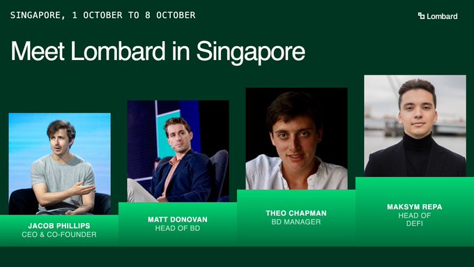 A Lombard promotional banner for their Singapore event from October 1-8, featuring photos of Jacob Phillips (CEO & Co-Founder), Matt Donovan (Head of BD), Theo Chapman (BD Manager), and Maksym Repa (Head of DeFi).