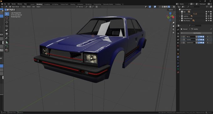 A 3D modeling software interface shows a blue hatchback car model with red accents in a wireframe viewport.