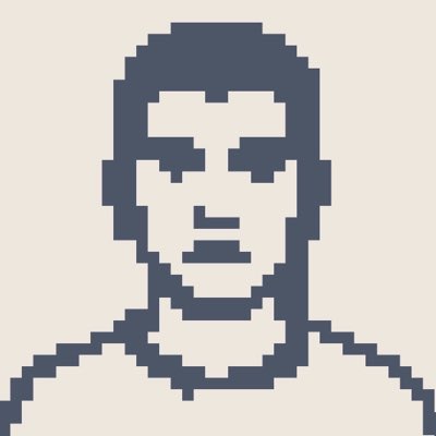 A pixel art style portrait of a young man's face in navy blue tones on a cream background.