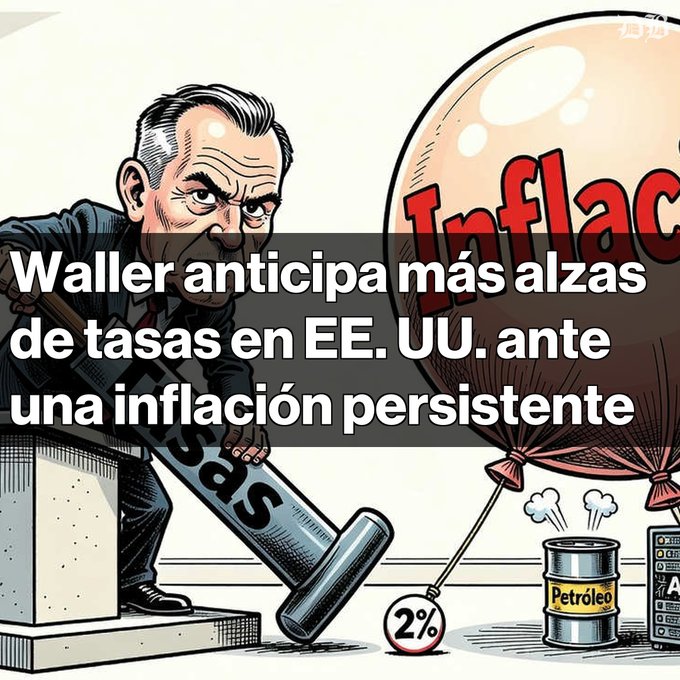 A political cartoon showing a figure hammering down on a "2%" target, with a large balloon labeled "Inflation" in the background. Spanish text reads: "Waller anticipa más alzas de tasas en EE. UU. ante una inflación persistente."