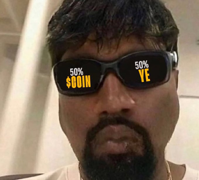 A bearded man wearing sunglasses with "$COIN" and "YE" text reflected in the lenses, humorously illustrating the "COINYE" meme coin concept as a blend of "50% $COIN, 50% YE" (a nod to Kanye West/Ye).